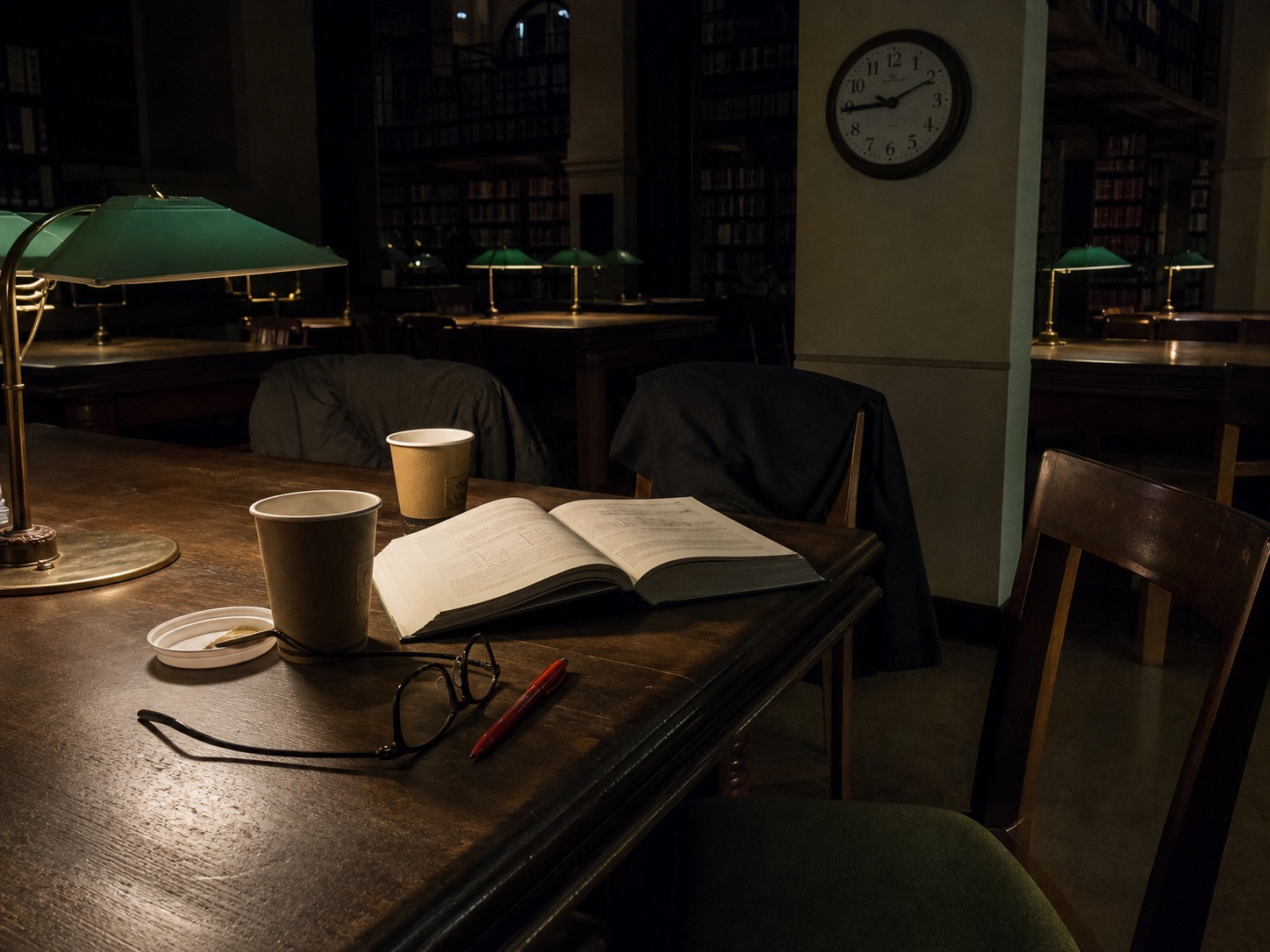 Leerer Lesesaal mit zwei Kaffeebechern, Buch, Brille und zurückgeschobenem Stuhl